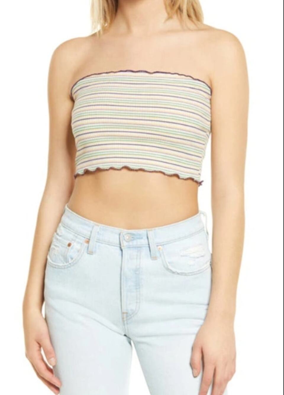 BP. Stripe Rib Tube Top In Ivory Dove Kim Stripe Bandeau Top SMALL NEW rippled
